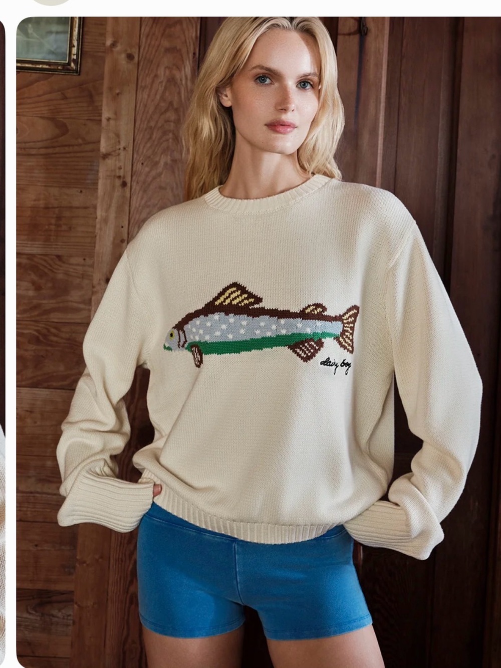 Cream Fish-Graphic Crewneck Sweater
